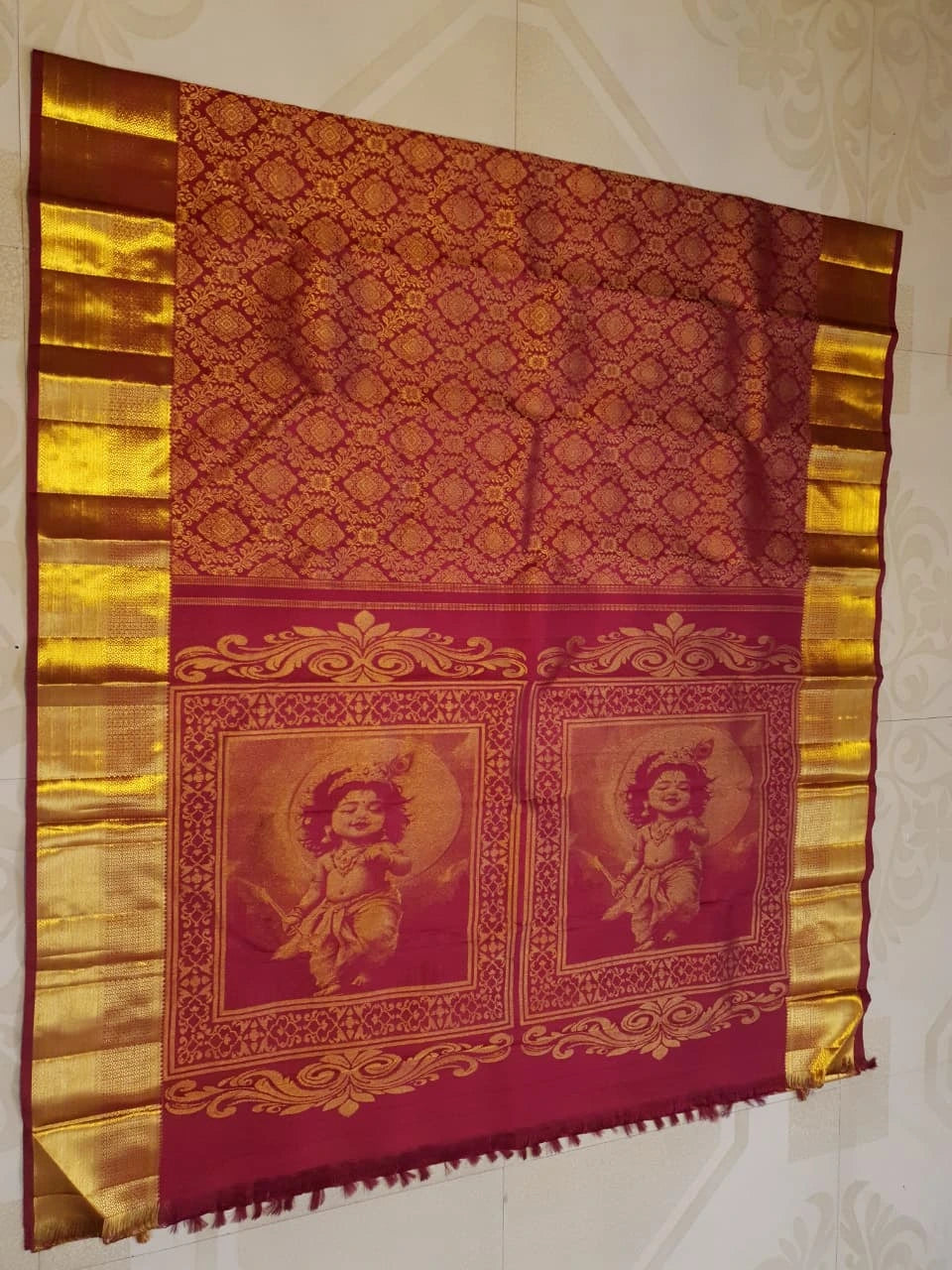 2G Pure Zari Kanjivaram Silk Saree in Deep Maroon with Rich Gold Zari Brocade Body & Lord Murugan Pallu | Silkmark Certified