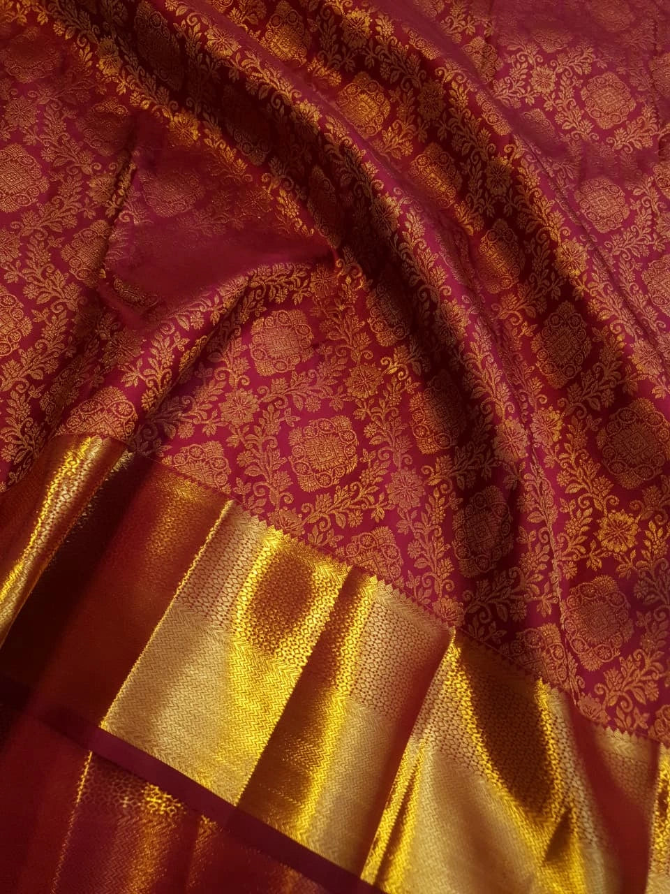 2G Pure Zari Kanjivaram Silk Saree in Deep Maroon with Rich Gold Zari Brocade Body & Lord Murugan Pallu | Silkmark Certified