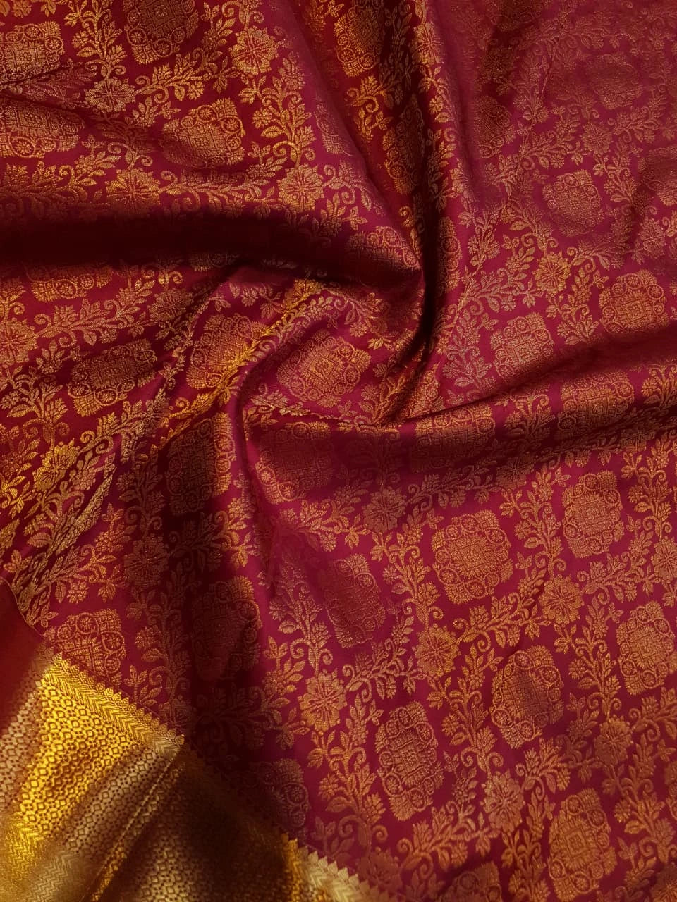 2G Pure Zari Kanjivaram Silk Saree in Deep Maroon with Rich Gold Zari Brocade Body & Lord Murugan Pallu | Silkmark Certified