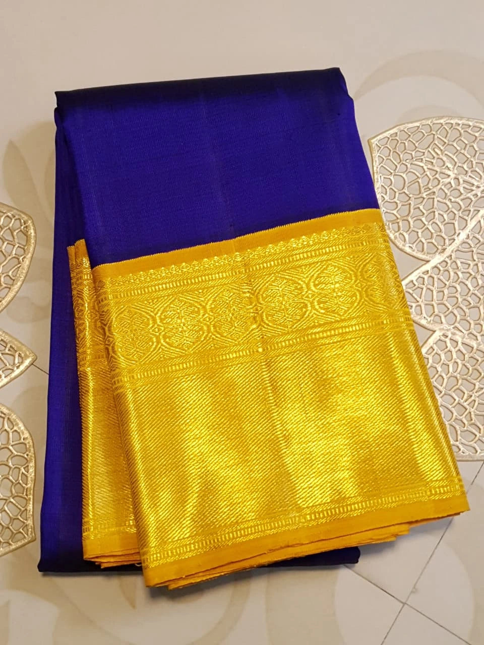 2G Pure Kanjivaram Silk Saree in Royal Blue with Rich Golden Zari Border and Traditional Zari Pallu | Silkmark Certified