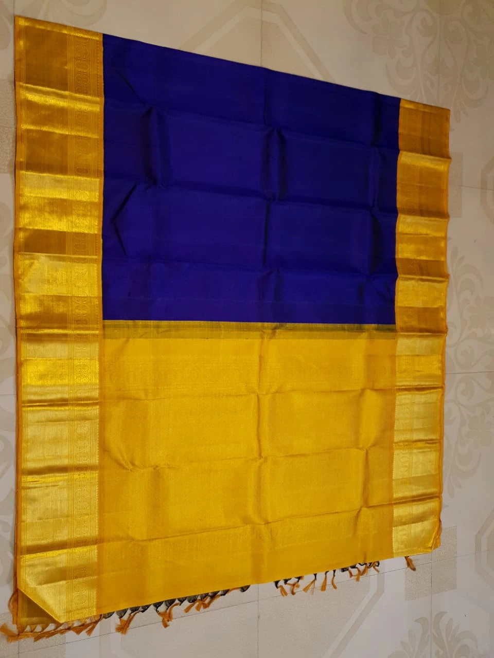 2G Pure Kanjivaram Silk Saree in Royal Blue with Rich Golden Zari Border and Traditional Zari Pallu | Silkmark Certified