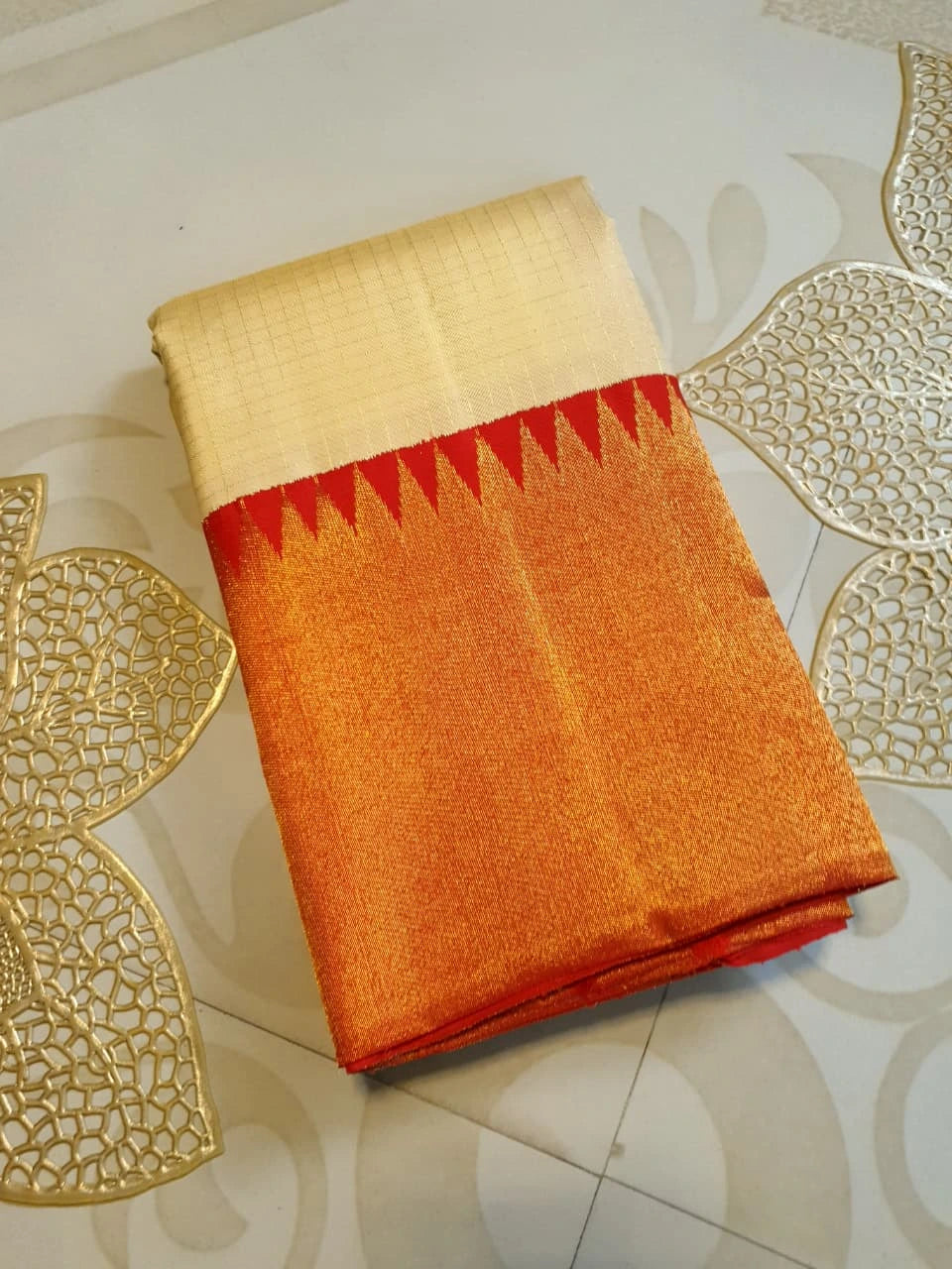 2G Cream & Orange Pure Kanjivaram Silk Saree with Rich Orange Border & Traditional Temple-Style | Silkmark Certified