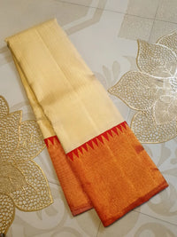 2G Cream & Orange Pure Kanjivaram Silk Saree with Rich Orange Border & Traditional Temple-Style | Silkmark Certified