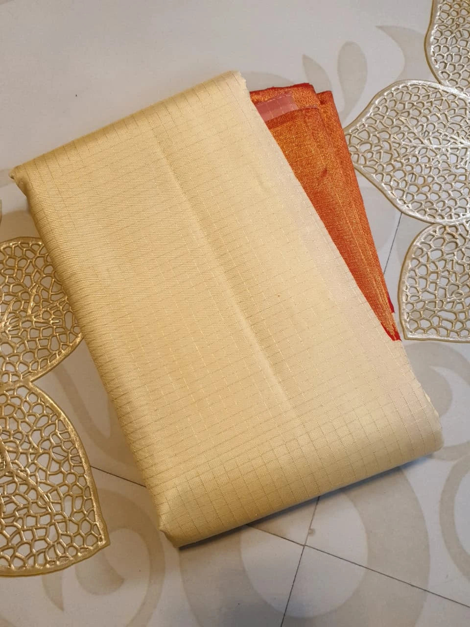 2G Cream & Orange Pure Kanjivaram Silk Saree with Rich Orange Border & Traditional Temple-Style | Silkmark Certified