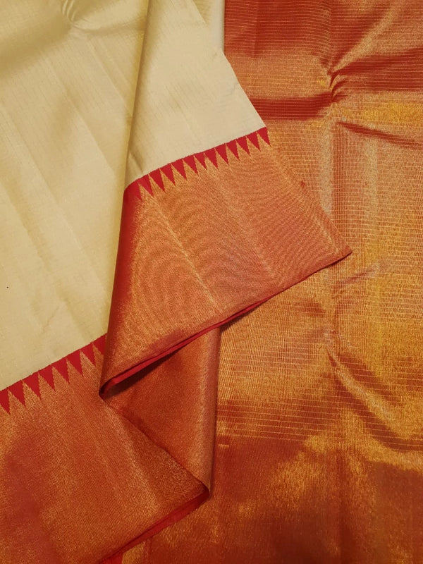 2G Cream & Orange Pure Kanjivaram Silk Saree with Rich Orange Border & Traditional Temple-Style | Silkmark Certified
