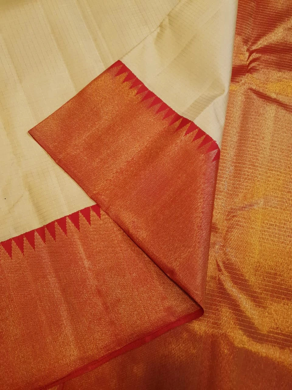2G Cream & Orange Pure Kanjivaram Silk Saree with Rich Orange Border & Traditional Temple-Style | Silkmark Certified