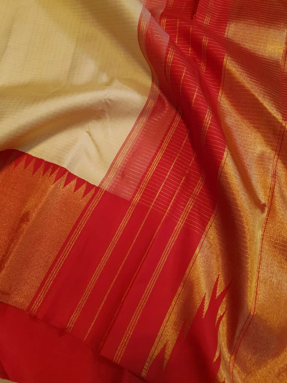 2G Cream & Orange Pure Kanjivaram Silk Saree with Rich Orange Border & Traditional Temple-Style | Silkmark Certified