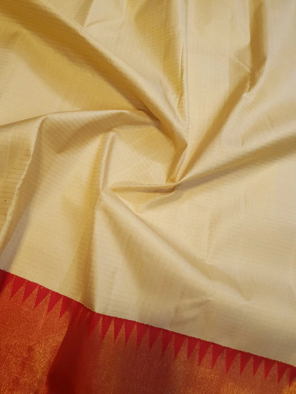 2G Cream & Orange Pure Kanjivaram Silk Saree with Rich Orange Border & Traditional Temple-Style | Silkmark Certified