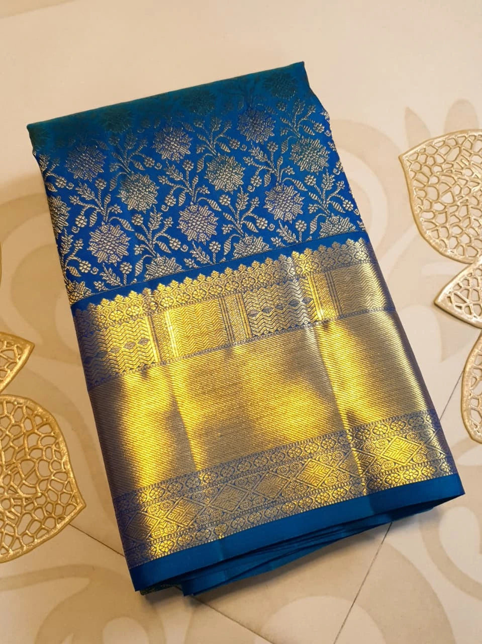 2G Kanjivaram Silk Saree in Peacock Blue with Rich Gold Zari Floral Brocade & Traditional Broad Border | Silkmark Certified