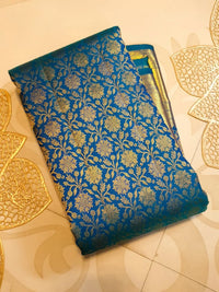 2G Kanjivaram Silk Saree in Peacock Blue with Rich Gold Zari Floral Brocade & Traditional Broad Border | Silkmark Certified