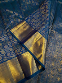 2G Kanjivaram Silk Saree in Peacock Blue with Rich Gold Zari Floral Brocade & Traditional Broad Border | Silkmark Certified