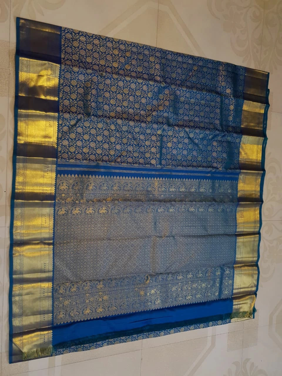 2G Kanjivaram Silk Saree in Peacock Blue with Rich Gold Zari Floral Brocade & Traditional Broad Border | Silkmark Certified