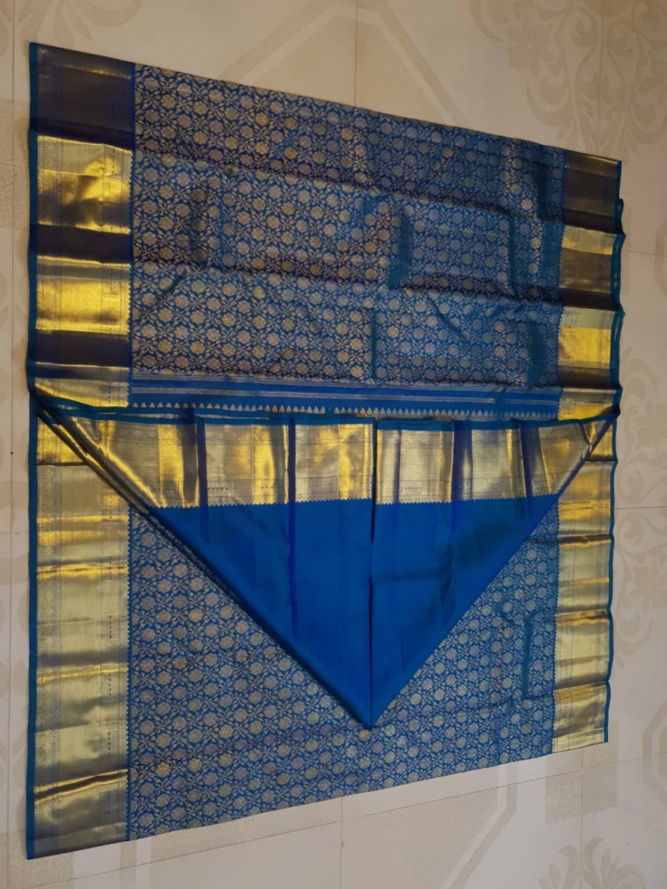 2G Kanjivaram Silk Saree in Peacock Blue with Rich Gold Zari Floral Brocade & Traditional Broad Border | Silkmark Certified