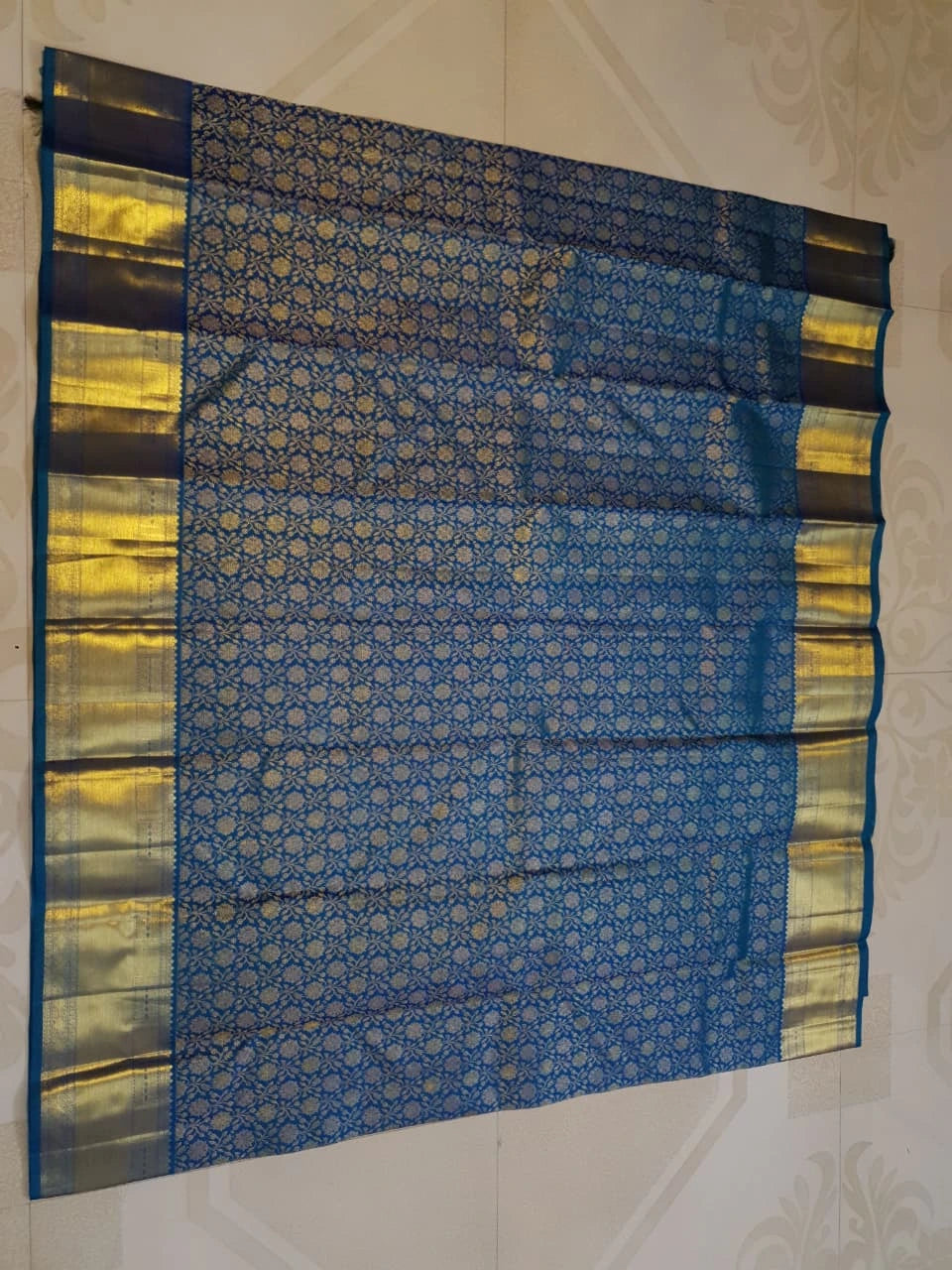 2G Kanjivaram Silk Saree in Peacock Blue with Rich Gold Zari Floral Brocade & Traditional Broad Border | Silkmark Certified
