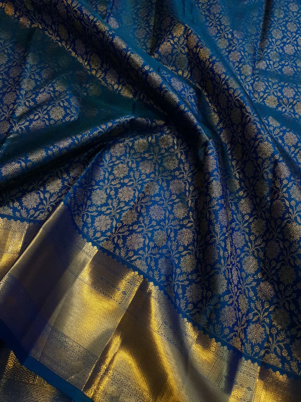 2G Kanjivaram Silk Saree in Peacock Blue with Rich Gold Zari Floral Brocade & Traditional Broad Border | Silkmark Certified