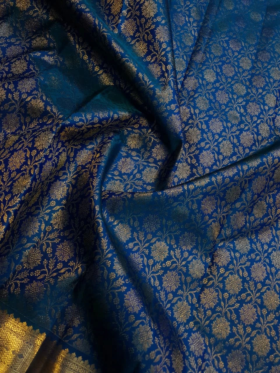 2G Kanjivaram Silk Saree in Peacock Blue with Rich Gold Zari Floral Brocade & Traditional Broad Border | Silkmark Certified