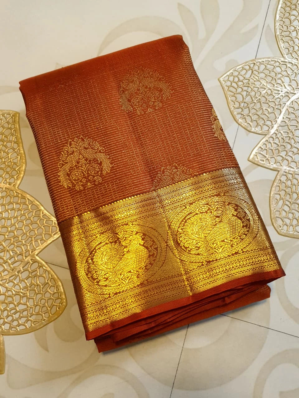 2G Pure Kanjivaram Silk Saree in Rust Brown with Rich Gold Zari Peacock Butta & Traditional Broad Border | Silkmark Certified