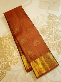 2G Pure Kanjivaram Silk Saree in Rust Brown with Rich Gold Zari Peacock Butta & Traditional Broad Border | Silkmark Certified