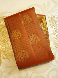 2G Pure Kanjivaram Silk Saree in Rust Brown with Rich Gold Zari Peacock Butta & Traditional Broad Border | Silkmark Certified