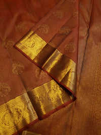 2G Pure Kanjivaram Silk Saree in Rust Brown with Rich Gold Zari Peacock Butta & Traditional Broad Border | Silkmark Certified