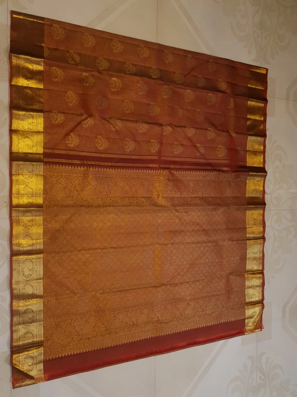 2G Pure Kanjivaram Silk Saree in Rust Brown with Rich Gold Zari Peacock Butta & Traditional Broad Border | Silkmark Certified