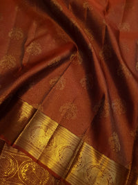 2G Pure Kanjivaram Silk Saree in Rust Brown with Rich Gold Zari Peacock Butta & Traditional Broad Border | Silkmark Certified