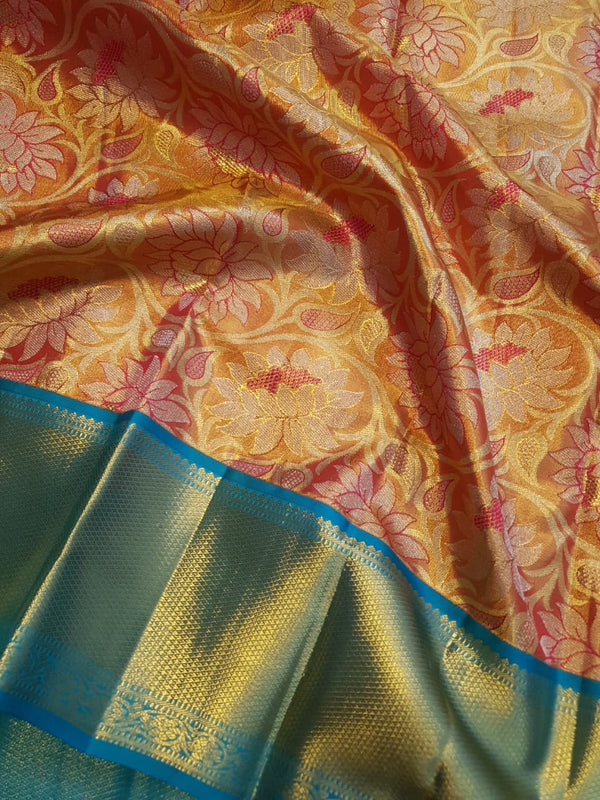 2G Pure Korvai  Kanjivaram Silk Saree Golden Floral Brocade with Blue Zari Border
