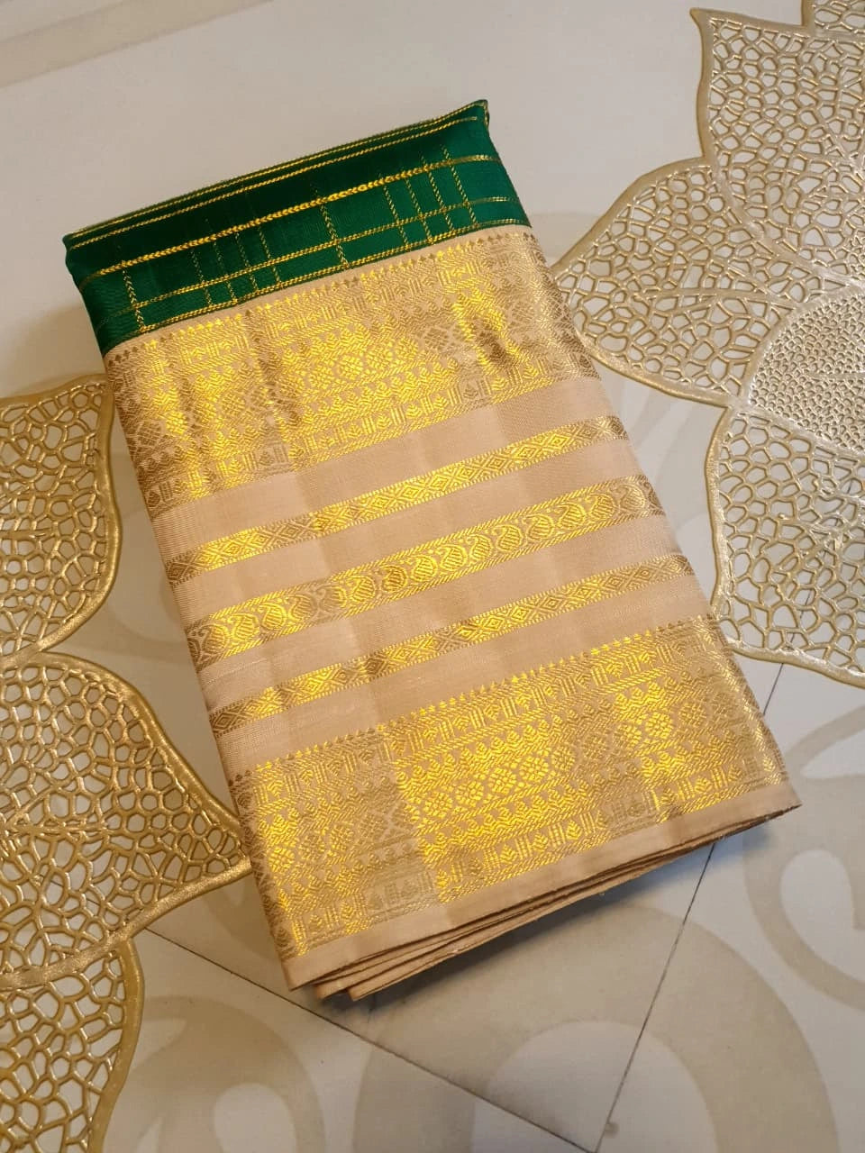2G Pure Zari Kanjivaram Silk Saree in Bottle Green with Rich Gold Zari Checks & Traditional Broad Border | Silkmark Certified
