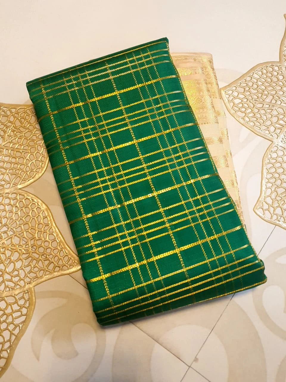 2G Pure Zari Kanjivaram Silk Saree in Bottle Green with Rich Gold Zari Checks & Traditional Broad Border | Silkmark Certified