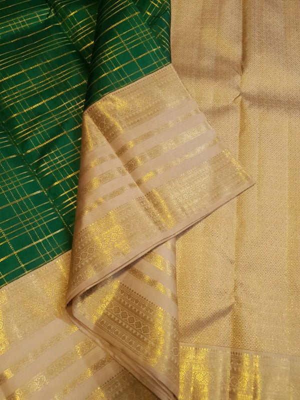2G Pure Zari Kanjivaram Silk Saree in Bottle Green with Rich Gold Zari Checks & Traditional Broad Border | Silkmark Certified