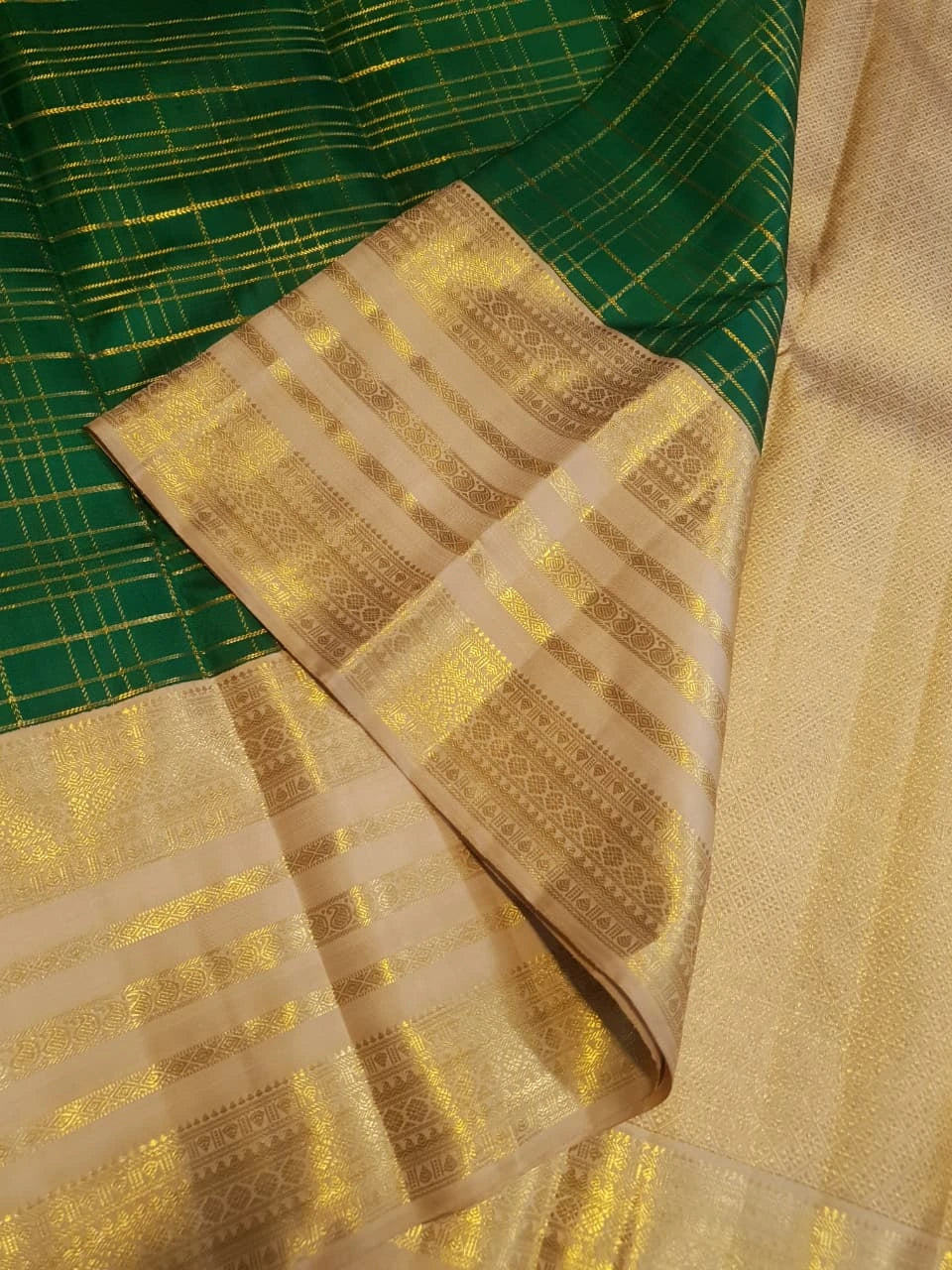 2G Pure Zari Kanjivaram Silk Saree in Bottle Green with Rich Gold Zari Checks & Traditional Broad Border | Silkmark Certified