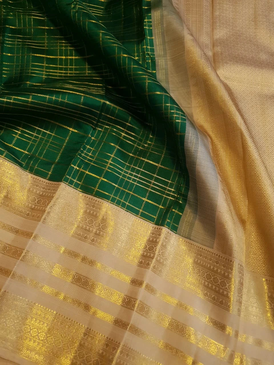 2G Pure Zari Kanjivaram Silk Saree in Bottle Green with Rich Gold Zari Checks & Traditional Broad Border | Silkmark Certified
