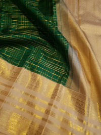 2G Pure Zari Kanjivaram Silk Saree in Bottle Green with Rich Gold Zari Checks & Traditional Broad Border | Silkmark Certified