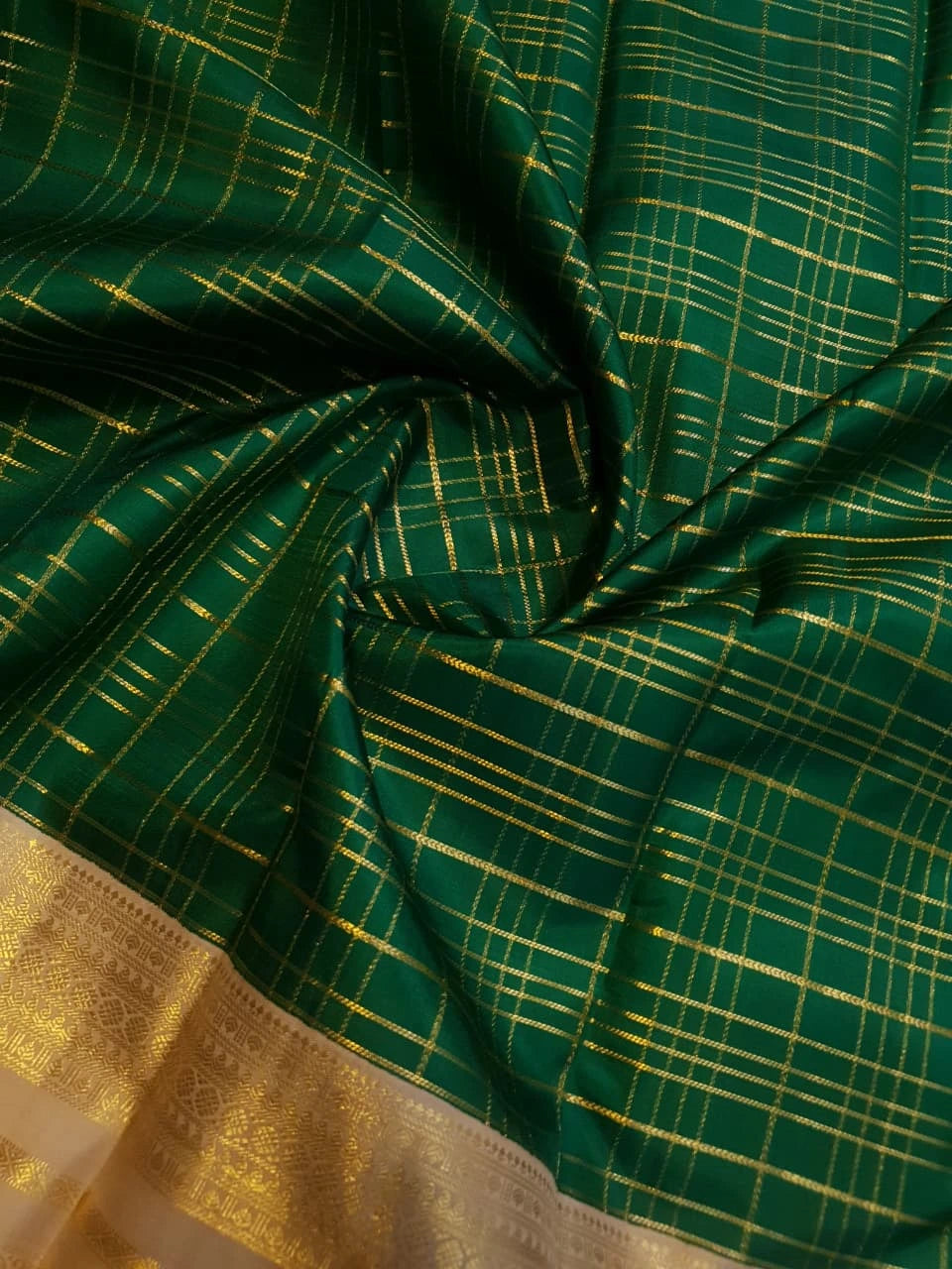 2G Pure Zari Kanjivaram Silk Saree in Bottle Green with Rich Gold Zari Checks & Traditional Broad Border | Silkmark Certified