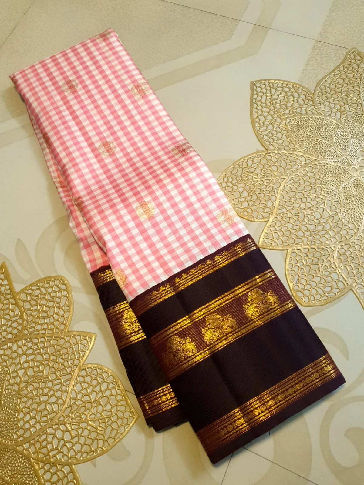 2G Pure Pink Checked  Korvai Kanjivaram Silk Saree with Peacock Maroon Border