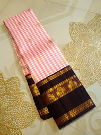 2G Pure Pink Checked  Korvai Kanjivaram Silk Saree with Peacock Maroon Border