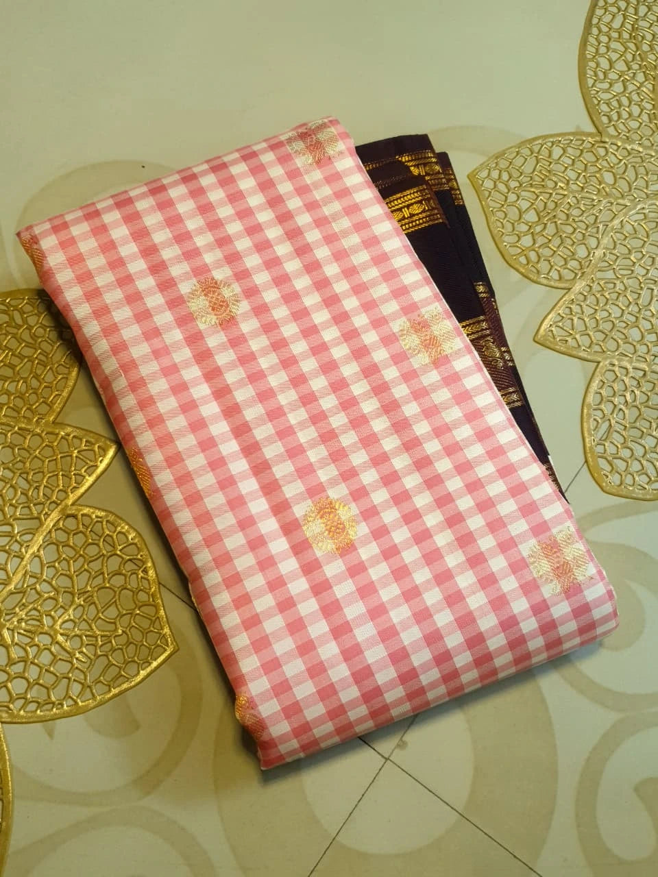 2G Pure Pink Checked  Korvai Kanjivaram Silk Saree with Peacock Maroon Border