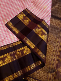 2G Pure Pink Checked  Korvai Kanjivaram Silk Saree with Peacock Maroon Border