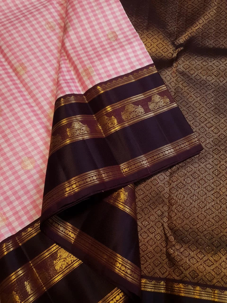 2G Pure Pink Checked  Korvai Kanjivaram Silk Saree with Peacock Maroon Border
