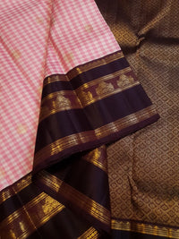2G Pure Pink Checked  Korvai Kanjivaram Silk Saree with Peacock Maroon Border