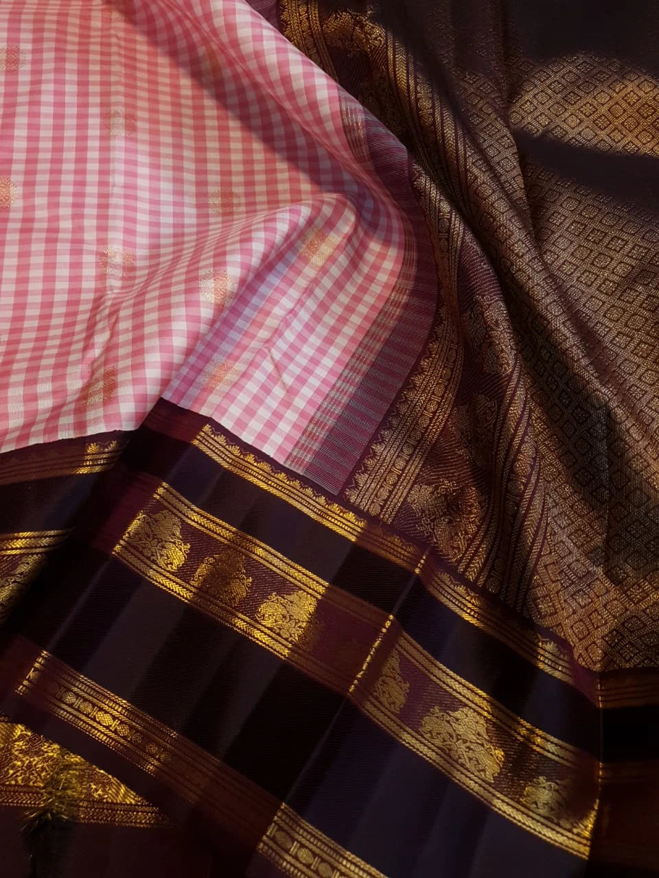 2G Pure Pink Checked  Korvai Kanjivaram Silk Saree with Peacock Maroon Border