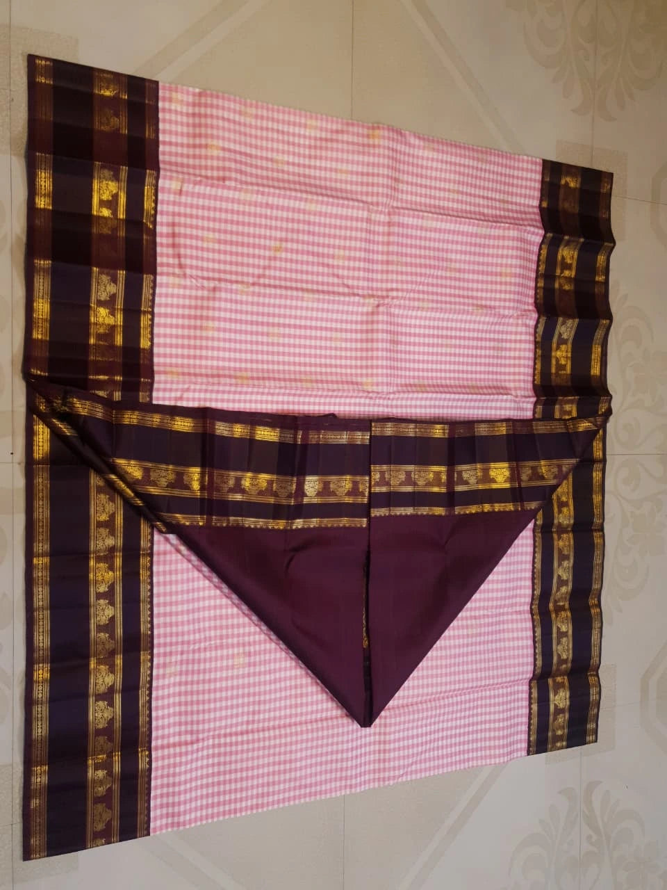 2G Pure Pink Checked  Korvai Kanjivaram Silk Saree with Peacock Maroon Border