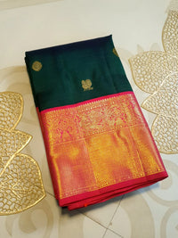 2G Korvai Pure Kanjivaram Silk Saree in Dark Green with Pink Red Zari Peacock Border & Peacock Butta | Silkmark Certified