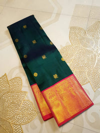 2G Korvai Pure Kanjivaram Silk Saree in Dark Green with Pink Red Zari Peacock Border & Peacock Butta | Silkmark Certified