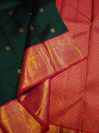 2G Korvai Pure Kanjivaram Silk Saree in Dark Green with Pink Red Zari Peacock Border & Peacock Butta | Silkmark Certified