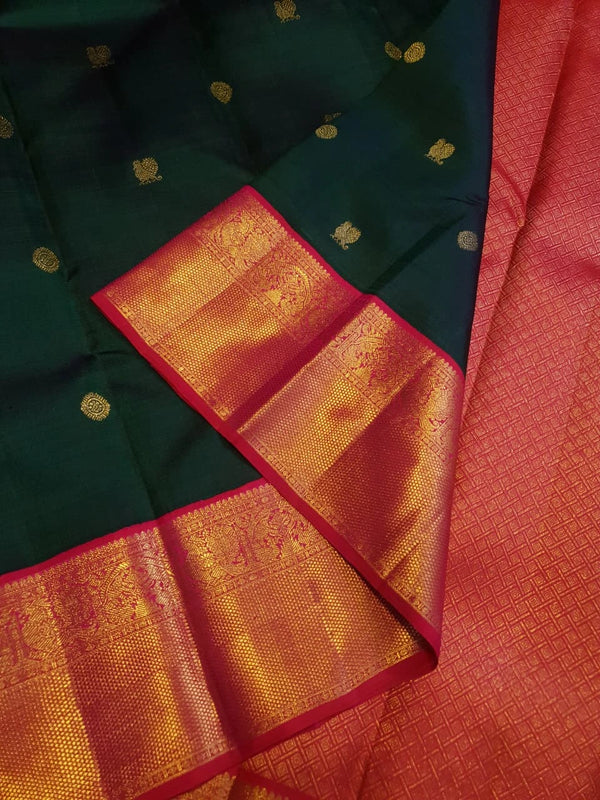 2G Korvai Pure Kanjivaram Silk Saree in Dark Green with Pink Red Zari Peacock Border & Peacock Butta | Silkmark Certified