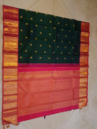 2G Korvai Pure Kanjivaram Silk Saree in Dark Green with Pink Red Zari Peacock Border & Peacock Butta | Silkmark Certified