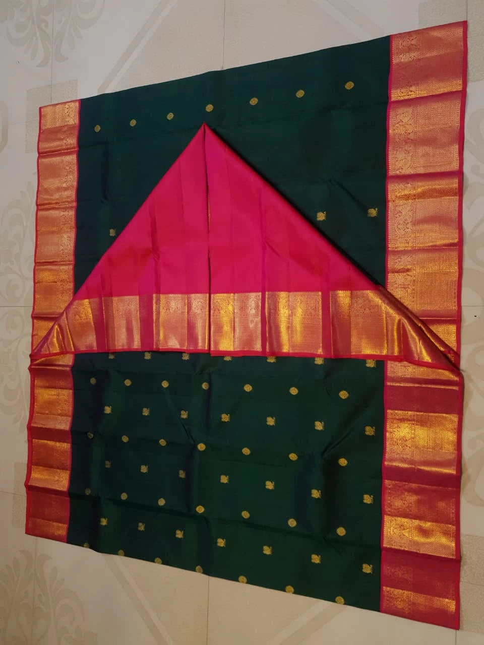 2G Korvai Pure Kanjivaram Silk Saree in Dark Green with Pink Red Zari Peacock Border & Peacock Butta | Silkmark Certified