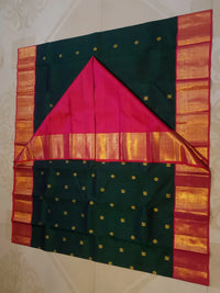 2G Korvai Pure Kanjivaram Silk Saree in Dark Green with Pink Red Zari Peacock Border & Peacock Butta | Silkmark Certified
