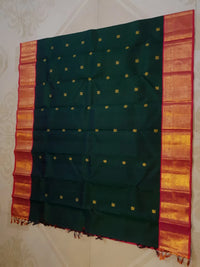 2G Korvai Pure Kanjivaram Silk Saree in Dark Green with Pink Red Zari Peacock Border & Peacock Butta | Silkmark Certified